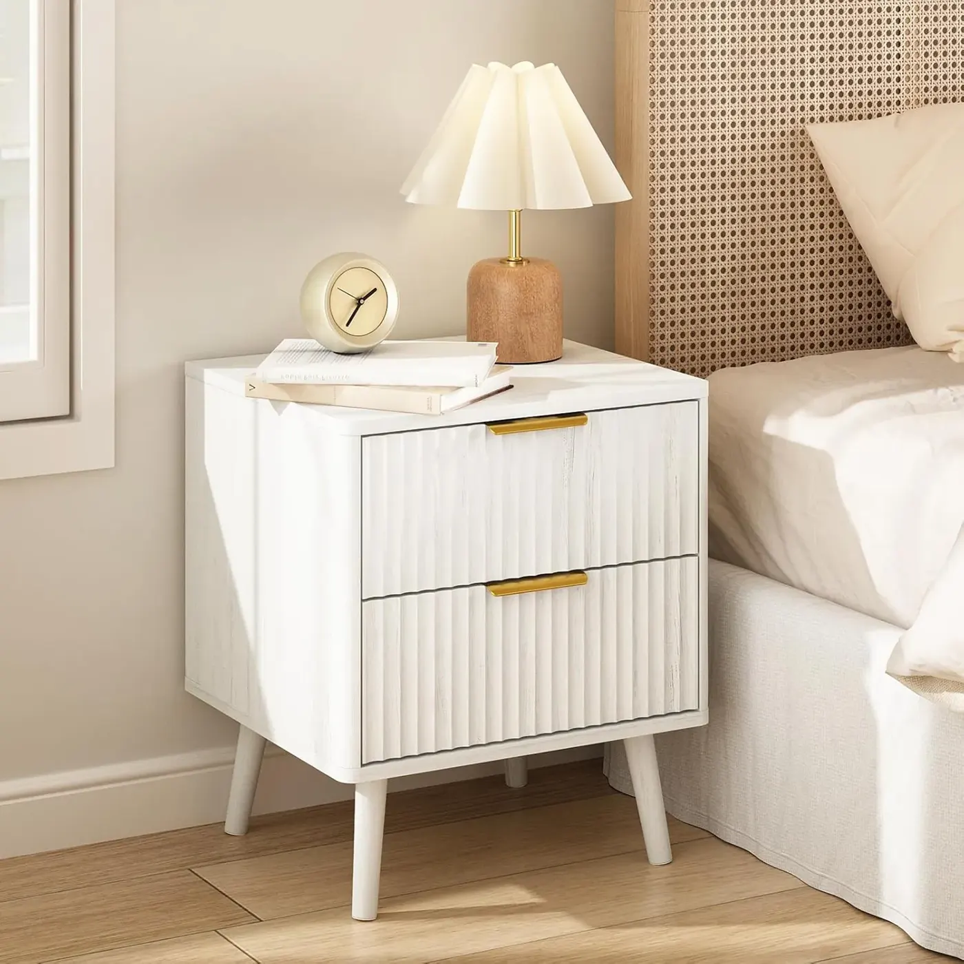 White Fluted Bedside Table with 2 Drawers, 18” Wide Nightstand for Bedroom, Modern Side Table with Gold Metal