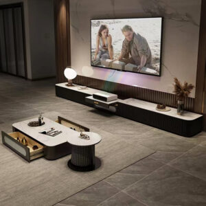 63" Modern TV Stand for Projector, Sintered Stone TV Cabinet with Drawers for Home Theater, Oak Veneer MDF, Black & White Media Console