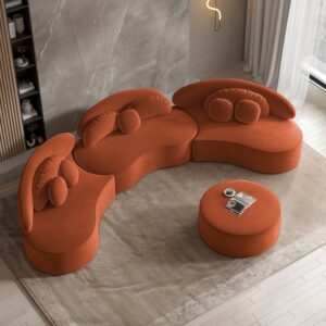 Velvet 4-Piece Sectional, Orange Modular Sofa with Ottoman for Large Living Room (145.7")