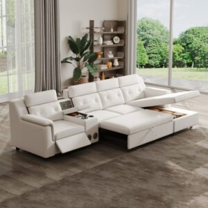 White Power Reclining Sectional Sofa Pull Out Bed Cup Holder & Speaker & Storage