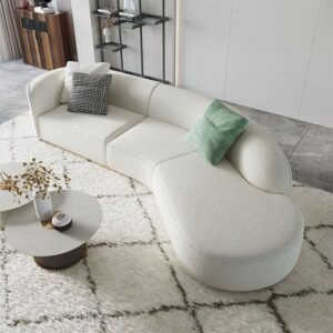 Curved White Sectional Sofa Upholstered 5-Seater Floor Sofa Faux-Fur Polyester