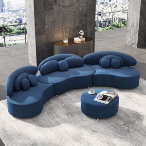 Velvet 4-Piece Sectional, Blue Modular Sofa with Ottoman for Large Living Room (145.7")