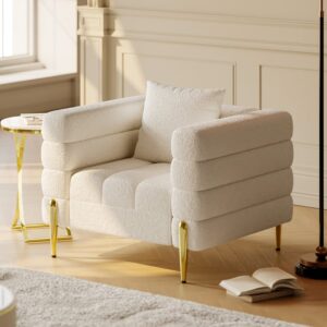 White Boucle Accent Chair, Gold Finish Modern Armchair for Living Room