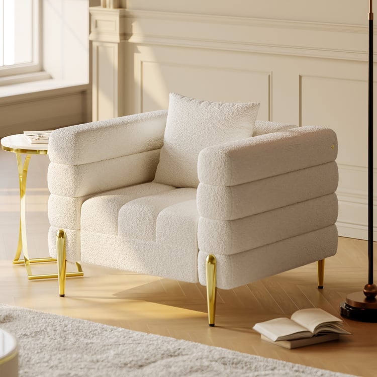 White Boucle Accent Chair, Gold Finish Modern Armchair for Living Room