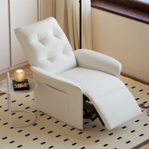 Reclining Leather White Accent Chair, High Back Recliner with Side Pocket for Living Room
