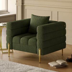 Green Boucle Accent Chair, Gold Finish Modern Armchair for Living Room