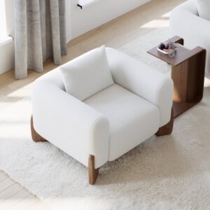 Curva White Boucle Accent Chair, Modern Wood Frame Armchair for Living Room