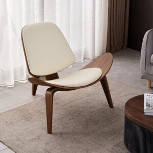 Walnut Tripod Accent Chair, White Leather Lounge Chair for Living Room