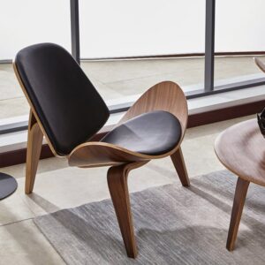 Walnut Tripod Accent Chair, Black Leather Lounge Chair for Living Room