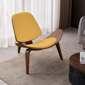 Walnut Tripod Accent Chair, Yellow Leather Lounge Chair for Living Room