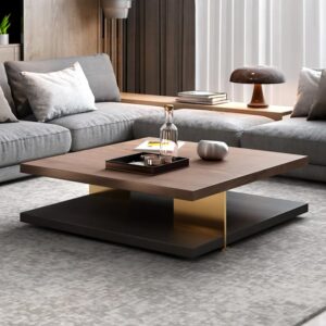 Wood Square Coffee Table, Walnut & Black Modern 2-Tier Table for Living Room (43.3")