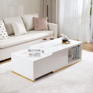 Extendable Coffee Table, Rectangle Modern White Table for Living Room (39.4"-70.9")