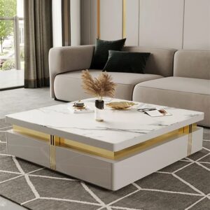 Sintered Stone Square Coffee Table, Modern White Furniture for Living Room (43.3")