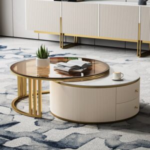 Round Glass Coffee Table, Sintered Stone Off-White Nesting Table for Living Room (27.6"&31.5")