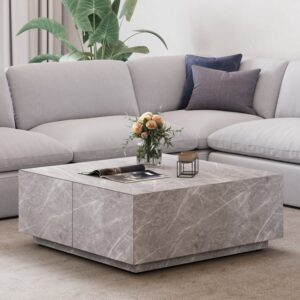 Wood Square Coffee Table, Gray Japandi Table with Drawers for Living Room (35.4")