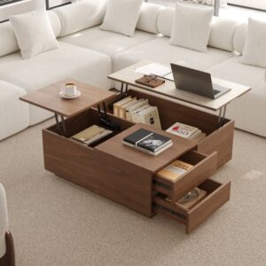 Lift-Top Wood Coffee Table, Square Sintered Stone Modern Table with Storage (39.4")