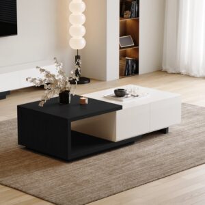 Wood Extendable Coffee Table, Rectangle Black & White Table for Living Room (47.2"-68.9")