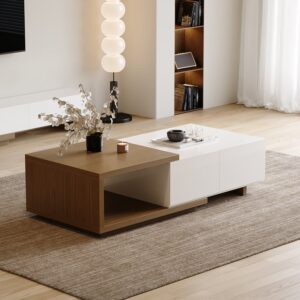 Wood Extendable Coffee Table, Rectangle Walnut & White Table for Living Room (47.2"-68.9")