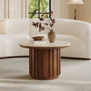 Aura Ash Wood Slatted  Round Coffee Table with Sintered Stone Top