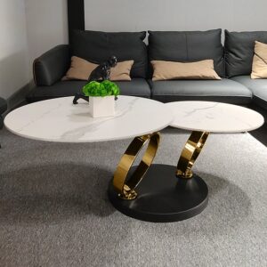 Modern White Coffee Table with Rotating Sintered Stone Top for Living Room (31.5"-51.2")