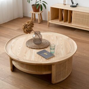 Ash Wood Rectangle Coffee Table, Natural 2-Tier Round Table for Living Room (31.5")