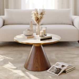 27.6" Round Walnut Travertine Sintered Stone Top Coffee Table