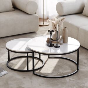 Fero Modern 2-piece Round Coffee Table in Sintered Stone and Metal with Marble Look