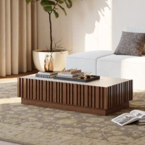 Aura 47" Ash Wood Slatted Coffee Table with Sintered Stone Top