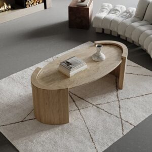 Oval Travertine Coffee Table, Japandi Style Wood Table for Living Room (42.5")