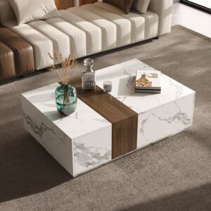 Wood Rectangle Coffee Table, White Modern Block Table with Drawers for Living Room (47.2")