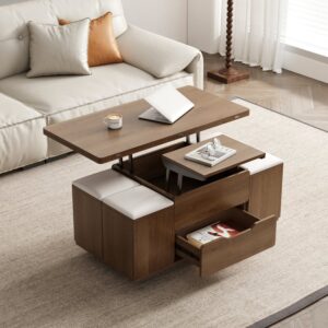 Lift-Top Wood Coffee Table, Walnut Modern Table with Stools for Living Room (39.4")
