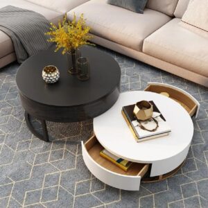 Wood Round Coffee Table, Modern Lift-Top White & Black Furniture (27.6"&31.5")
