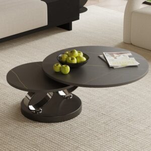 Black Extendable Coffee Table with Ring-shaped Metal Pedestal