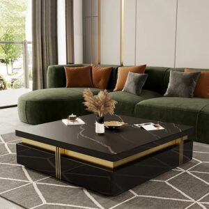Sintered Stone Square Coffee Table, Modern Black Furniture for Living Room (43.3")