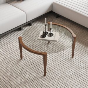 Glass Round Coffee Table, MCM Solid Ash Wood Walnut Table for Living Room (32.5")