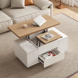 Lift-Top Foldable Natural &White Coffee Table with 4 Stools & Storage
