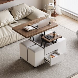 Lift-Top Foldable Walnut & White Coffee Table with 4 Stools & Storage
