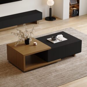 Wood Extendable Coffee Table, Rectangle Walnut & Black Table for Living Room (47.2"-68.9")