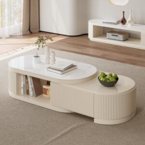 Extendable Oval Coffee Table, Sintered Stone Table with Storage for Living Room (47"-67")