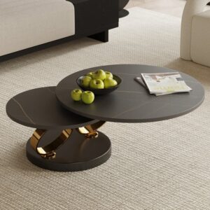 Modern Black Extendable Coffee Table with Ring-shaped Metal Pedestal