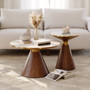 2 Pieces Set Round Walnut Travertine Sintered Stone Top Coffee Table (7.9"-27.6")