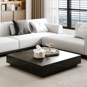 Sintered Stone Square Coffee Table, Black Modern Table with Storage for Living Room (39.4")