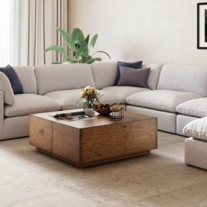 Pine Wood Square Coffee Table, Walnut Japandi Table with Drawers for Living Room (35.4")