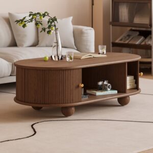 Solid Ash Wood Oval Coffee Table, Walnut Modern Table with Storage for Living Room (47.2")