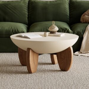 Concrete Round Coffee Table with Ash Wood Legs, Modern Beige Table for Living Room (29.9'')