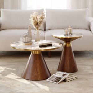 2 Piece Set Round Walnut Sintered Stone Top Coffee Table (20"-28")