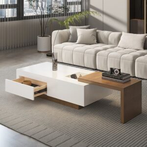 Extendable White & Walnut Coffee Table, Modern Rectangle Table with Storage (48.8")