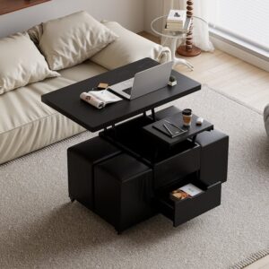 Lift-Top Wood Coffee Table, Black Modern Table with Stools for Living Room (39.4")