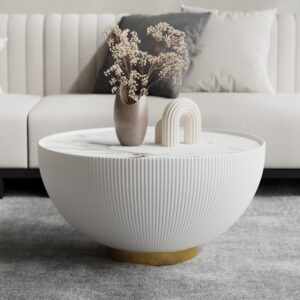 Sintered Stone Coffee Table, Drum Shape Modern White Table for Living Room (27.6")