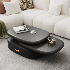 Oval Swivel Coffee Table, Black Engineered Wood Modern Table with Drawers(31.5"-43.3")